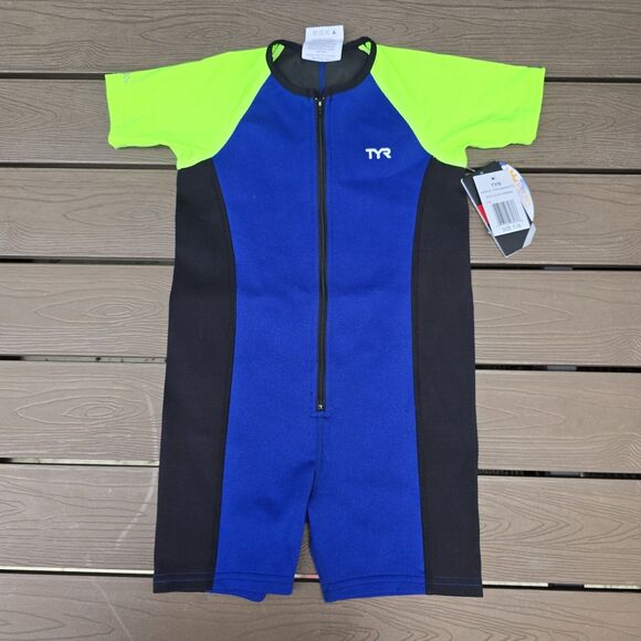 TYR Boys Girls Solid Thermal Swim Suit Zip up Royal Lime Black Size 9/10 New - Picture 1 of 4